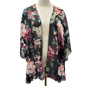 Polly & Esther Pink Roses Sheer Kimono Open Front Sheer Ultra Lightweight